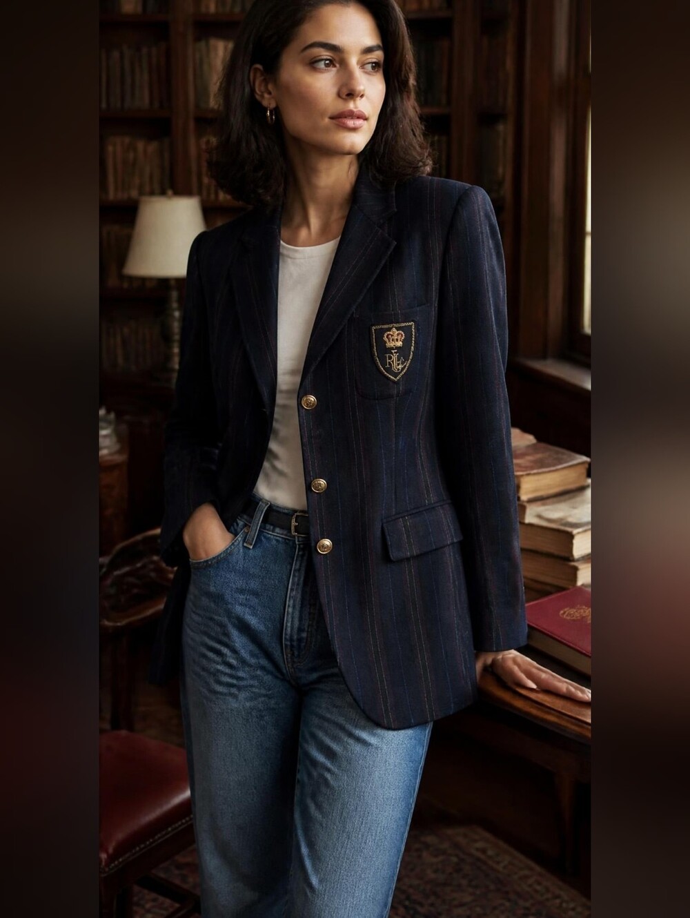 Vintage Lauren Ralph Lauren Crown Crest Striped Worsted Wool Blazer Sz 10